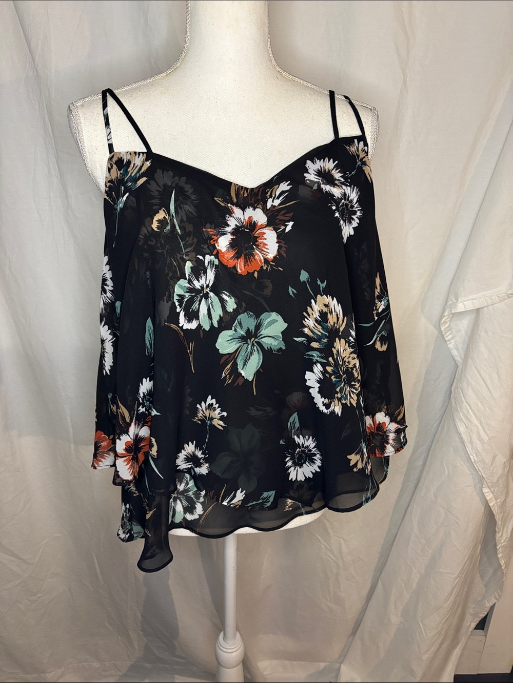 Torrid Black Floral Cold-Shoulder Spaghetti Strap Top -